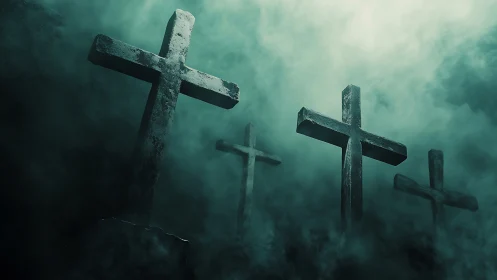 Weathered stone crosses in fog-drenched nocturnal graveyard