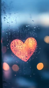 Heart shape illuminated behind water droplets on glass surface.