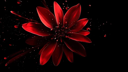 High-velocity red flower petals dispersing dynamically against black backdrop