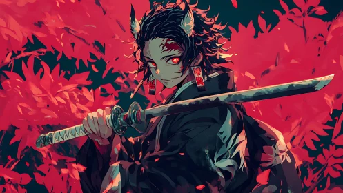 Sword-bearing anime figure amid dense red foliage background.