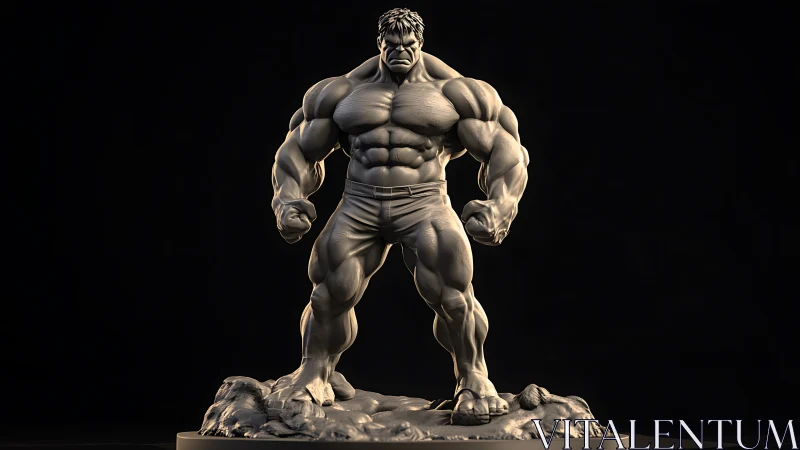 Powerful muscular hero sculpture stands on rocky pedestal