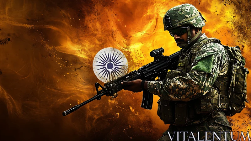 Soldier aims rifle before blazing orange battlefield backdrop