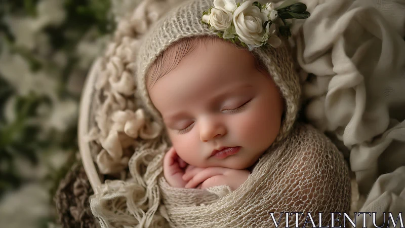 Sleeping Newborn in Cream Wrap with Floral Crown.