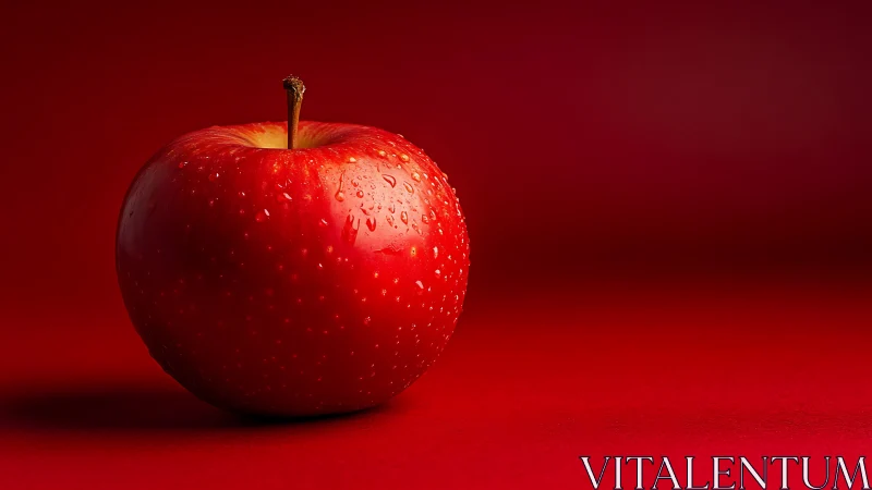 Single red apple with water droplets sits on red background.