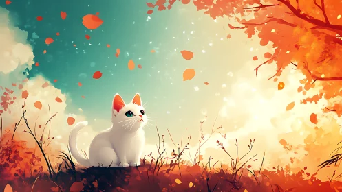 A Curious White Cat Watches Autumn Leaves Dance Through Golden Light