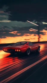 Red sports car gliding into a glowing sunset highway escape.