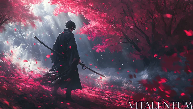 Solitary swordsman walks through glowing crimson forest path
