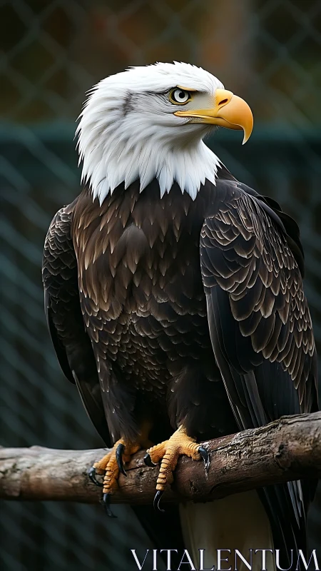 Bald eagle perched on branch with sharp gaze and detail.