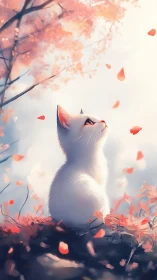 White kitten under cherry blossoms in soft atmospheric light