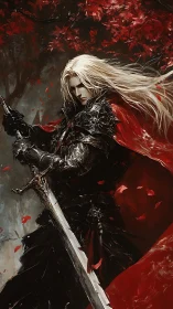 Vampiric swordsman in baroque plate armor amid red foliage