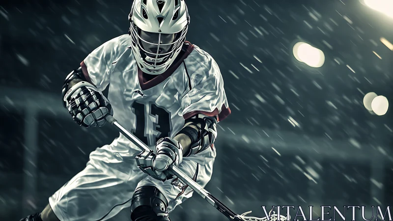 Lacrosse player in protective gear during night match.