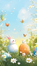 Spring-bright bunnies trade secrets between painted eggs