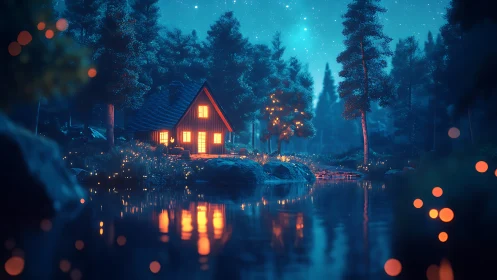 Lakeside forest cabin at night with illuminated windows.