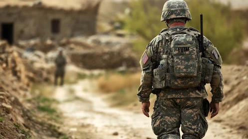 Quiet-footed soldier walking a dusty village path alone.