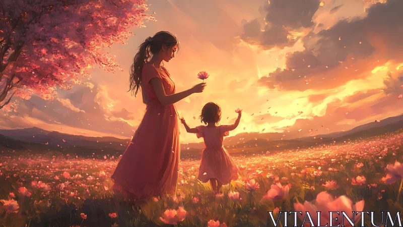 Soft sunset embraces mother and child in glowing meadow