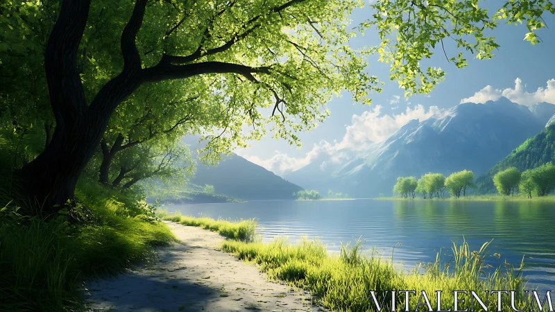 Sunlit lakeside path beneath softly glowing green trees.