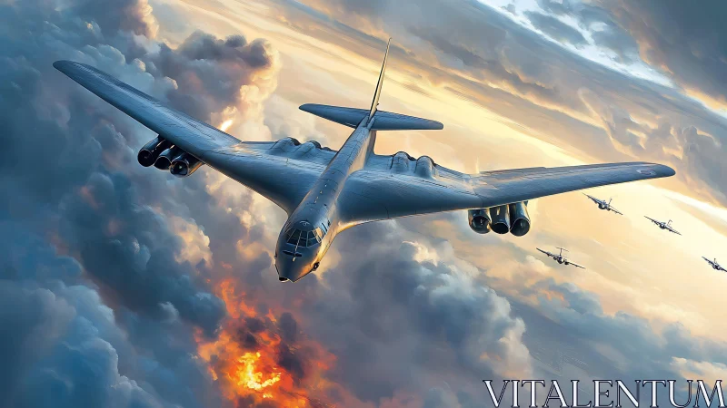 Steel-winged titan slices stormlit sky in burning ascent