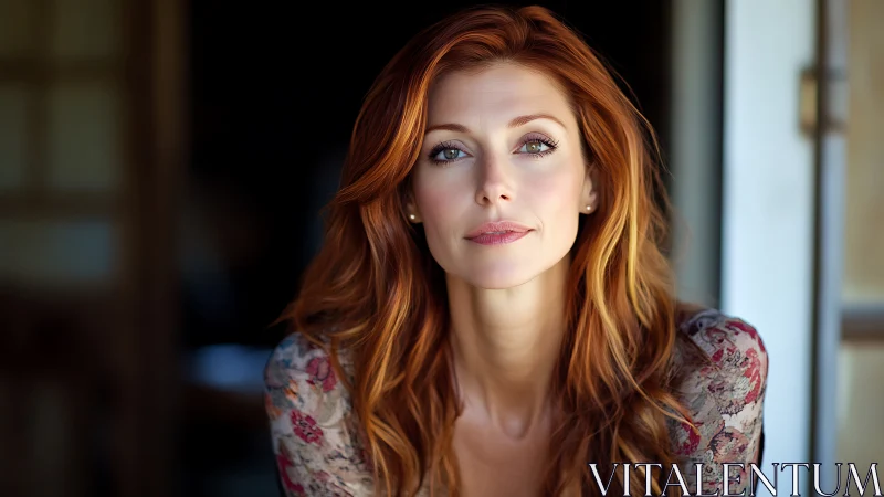 Portrait shows red haired woman in soft window daylight