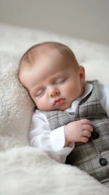 Sleeping newborn draped in soft plaid fabric with luminous skin tones.
