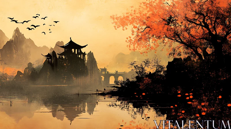 Golden autumn temple reflected beside a tranquil misty lake.