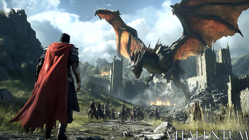 Knight confronts fire-breathing dragon over ruined fortress.
