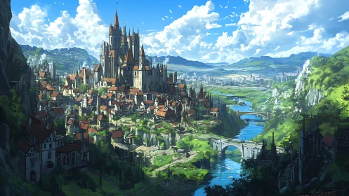 Sunlit riverside citadel overlooking a sprawling valley realm.