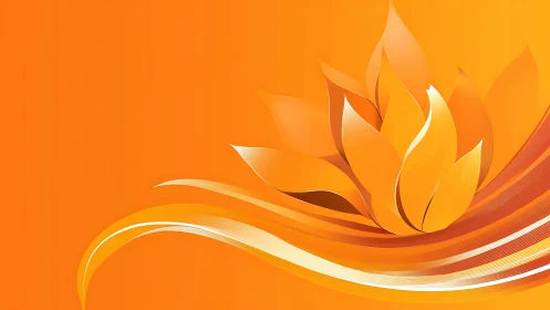 Orange abstract lotus flower and sweeping wave lines design.