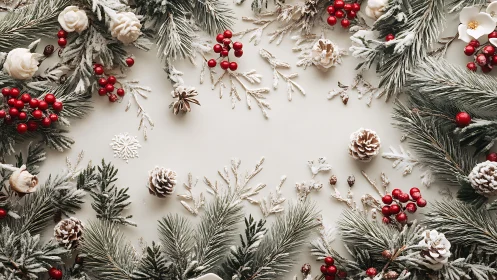 Snow-dusted Christmas branches frame festive red berries