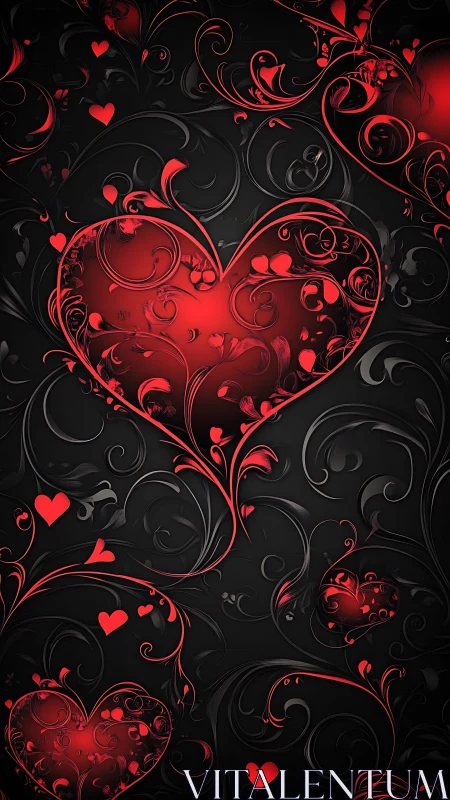 Ornate Red Heart Flourishes Against Deep Black Background