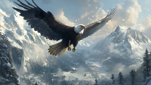 Majestic bald eagle soaring over snowy mountain landscape, realistic art.