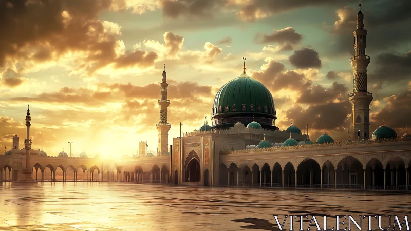 Sunlit mosque courtyard with emerald domes at dusk.