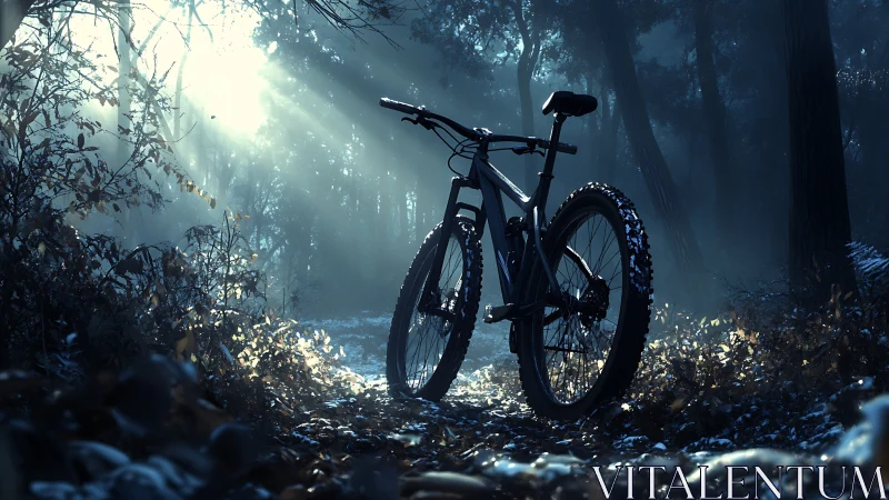 Mountain Bike Rests in Misty Forest Clearing.