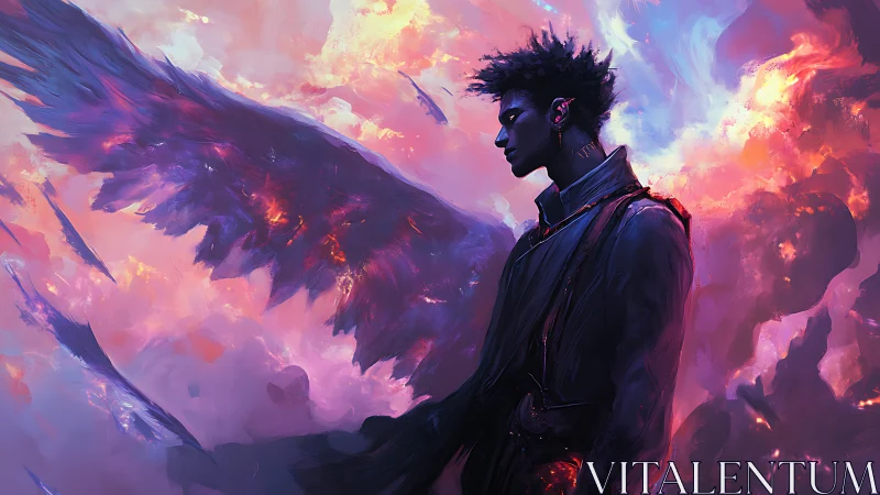 Winged figure stands in profile against vivid clouded sky