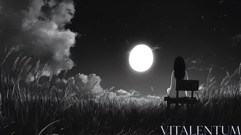 Solitary girl on bench gazes at luminous moonlit sky.