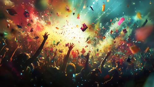 Crowd celebrates under explosive stage lights and confetti