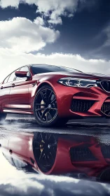 Red sports sedan on wet asphalt with strong sky reflection.