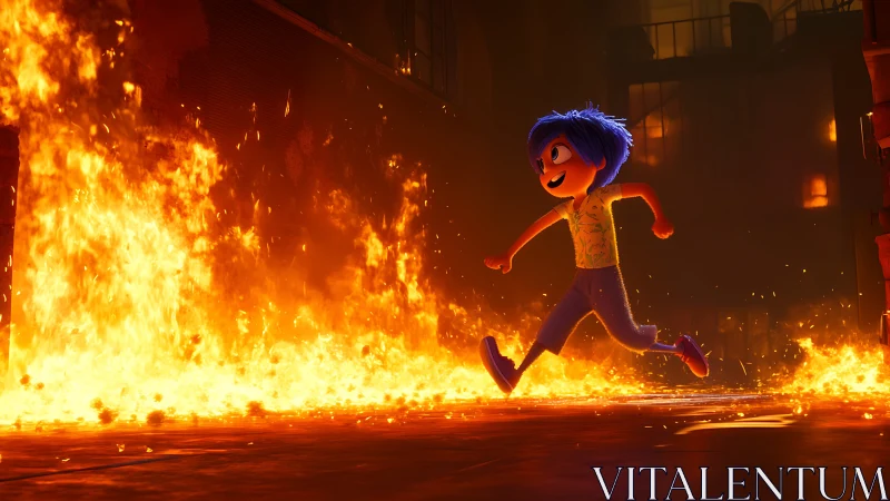 Animated character sprinting through destructive wall of flame with expressive gestures
