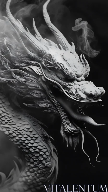 Monochrome dragon head coils through smoke in dramatic light