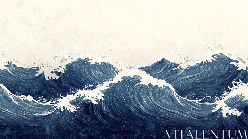 Deep blue stylized waves form layered, curling sea bands