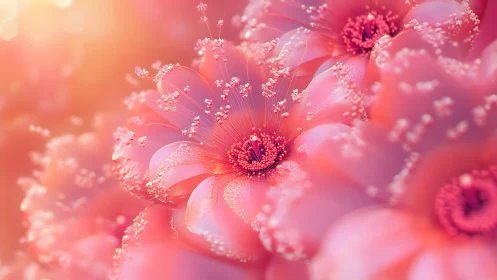 Macro view shows stylized pink blossoms with glowing centers
