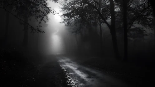 Foggy forest road glows under eerie backlit misty haze.