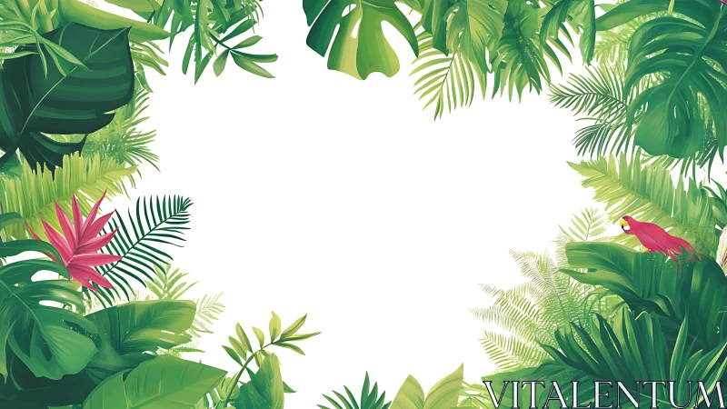 Tropical leaves border with parrot and white center space.