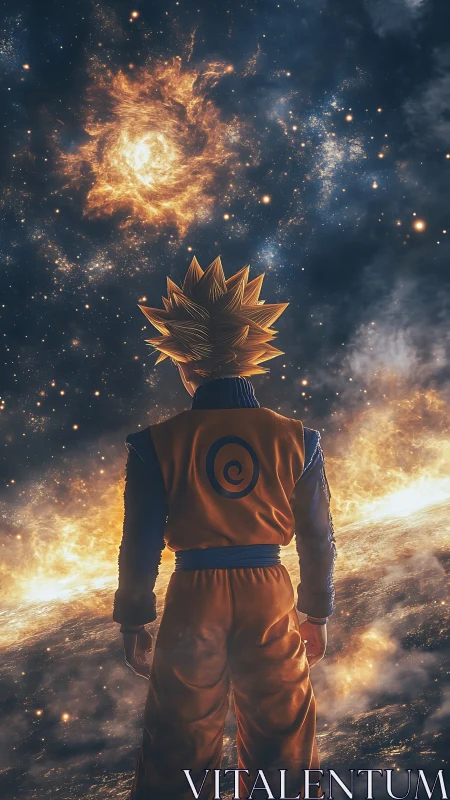 Stargazing warrior stands boldly before a swirling cosmic storm