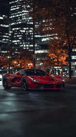 Red hypercar glides through nocturnal city streetscape.