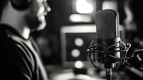 Studio condenser microphone beside blurred host in mono tones.
