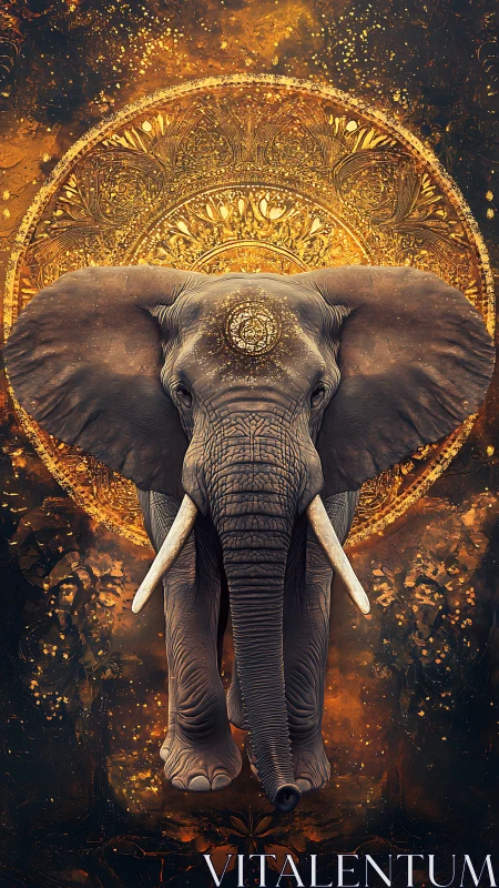 Elephant front view aligned with ornate golden mandala.