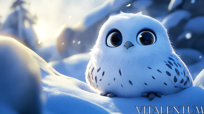 Adorable Cartoon Snowy Owl in Winter Forest, Digital Art Style.