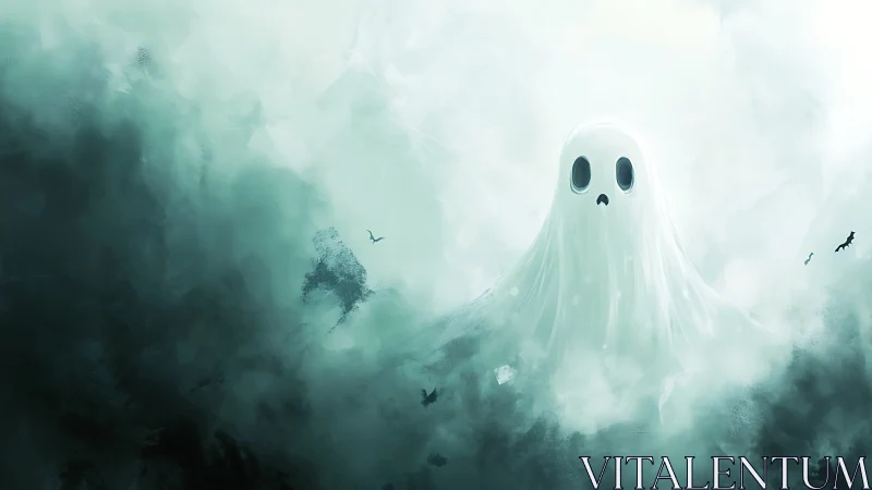 Lonely cartoon ghost drifts through misty teal twilight fog