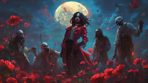 Moon-drowned poppy field crowns a crimson necromancer queen