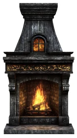 Digital rendering of ornate black fireplace with interior flames and upper window